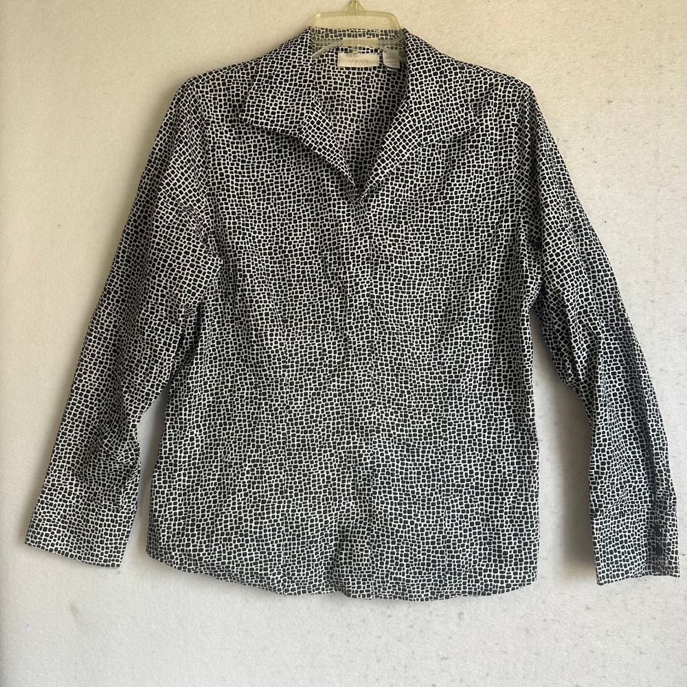 Chicos Black White Geometric Pebble Print Button Up Shirt Long Sleeve Cotton M 1